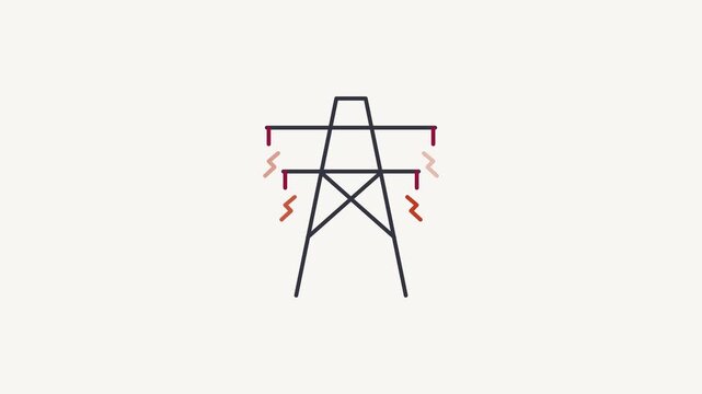 Seamless 4K looping animation of a flat power line tower icon in red and crimson, centred on a clean light background with plenty of copy space. Simple two tone vector shapes and smooth motion. Horizo