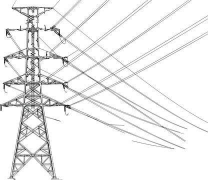 Complex electrical grid transmission pylon with multiple high voltage supply cables sketch vector graphic isolated on white background.