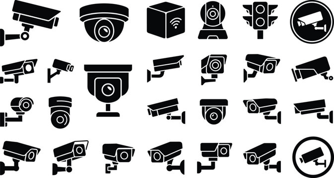 CCTV security camera silhouette icon set featuring surveillance dome cameras wireless video recorders traffic lights and warning signs