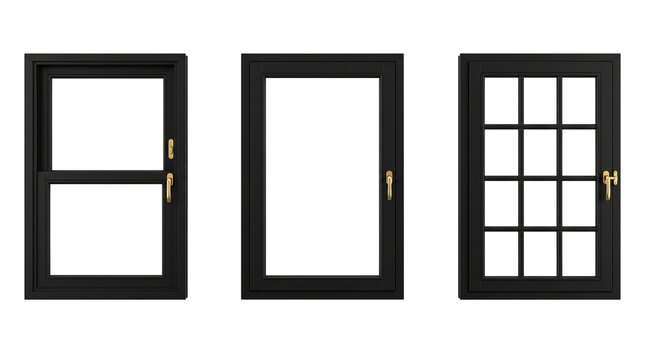 Black window frames collection 3D rendering. Includes double hung, single pane, and divided light grid window styles with golden handles. Modern architectural elements for home renovation design.