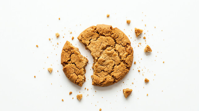 One broken chocolate chip cookie with many small crumbs scattered around