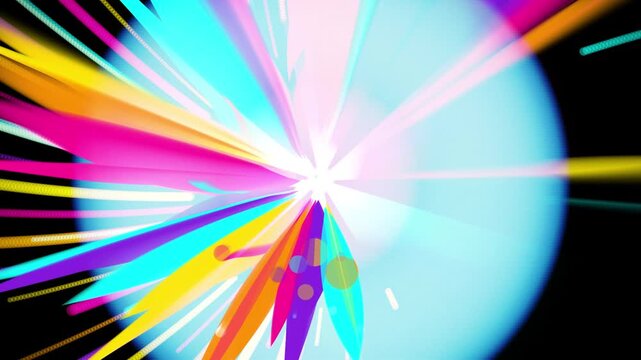 Vibrant abstract explosion of colorful light streaks and geometric shapes radiating from a bright