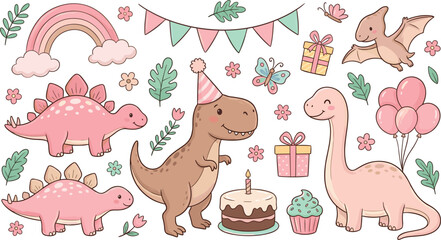 Cute Pink Dinosaur Birthday Party Clipart Vector Collection with T-Rex Stegosaurus Cake Balloons and Garland for Kawaii Girl Nursery Decor Designs © Sohel