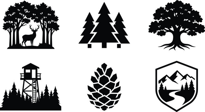 Wilderness silhouette icon set featuring forest trees deer wildlife guard tower pinecone and mountain badge logos for outdoor adventure