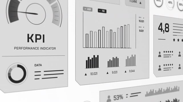 Medium angled perspective view of high tech grayscale dashboard monitoring key performance indicators, speed gauges, and bar charts.
