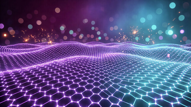 Sci-Fi 3D Octagonal Tessellation Wave Grid Landscape with Lilac Glowing Nodes and Turquoise Gradient