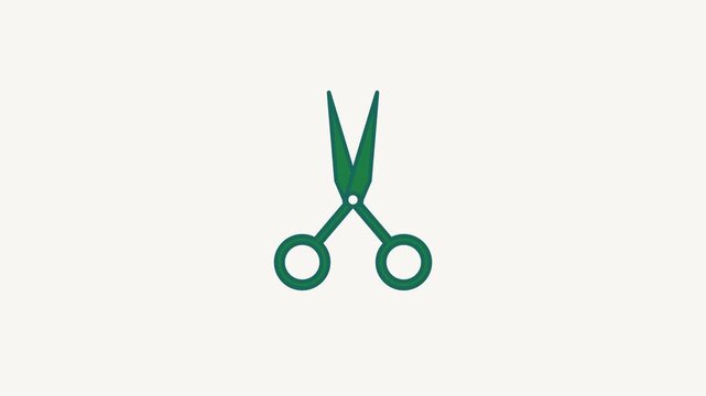 Animated flat scissors icon in a minimal vector style, fresh green on a bright light background. Smooth 4K seamless loop with the symbol isolated in the centre of the frame, leaving room for text. Wid