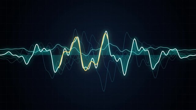 Abstract sound wave visualization flowing across a dark digital grid background loop.