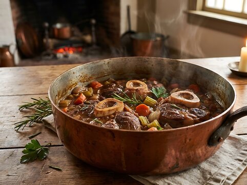 Delicious beef osso buco stew with bone marrow in a copper pan on a rustic wooden table by fireplace. veal osso bucco