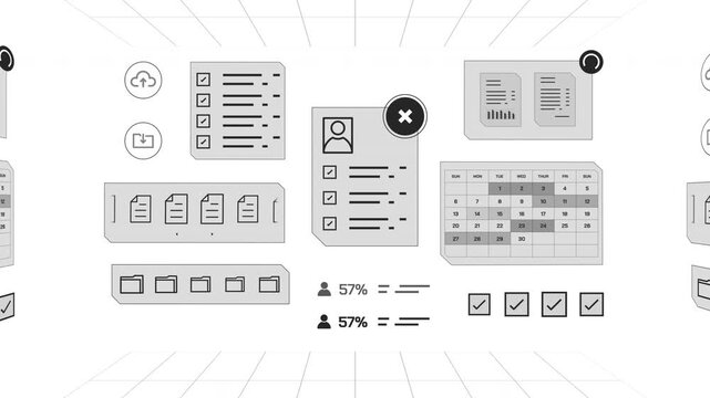 Wide 3D virtual grid space room overview presenting floating grayscale candidate profiles, task calendars, and document checkmark panels.