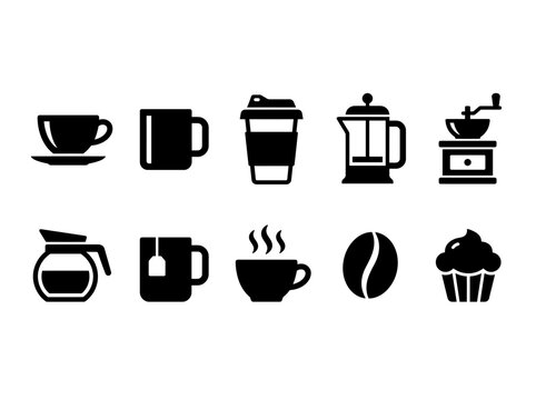 Coffee and beverage shop icon set in black with coffee icons cup tea cup maker grinde