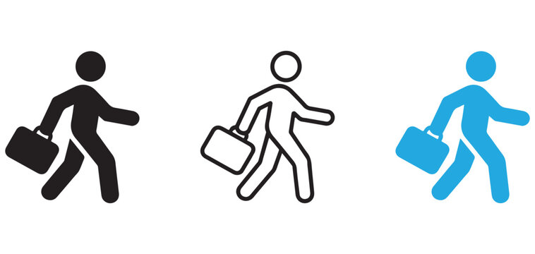 Business professional walking with briefcase icon set in black and blue styles for corporate leadership and office commute themes.