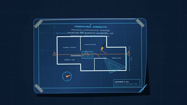 Dynamic motion graphics animation of a real estate metamorphosis, seamlessly transforming a blueprint into a modern 3D house, a golden ownership key, and a bespoke green sofa