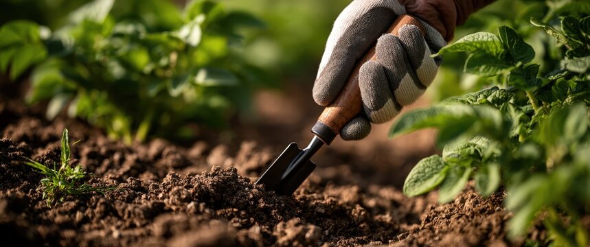 Gloved hand using a small garden trowel to loosen dark soil beside leafy green plants in a cultivated outdoor garden bed