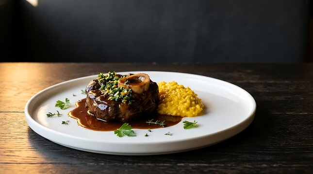 Delicious osso buco meat served with yellow risotto and green herbs on a round white ceramic plate. veal osso bucco