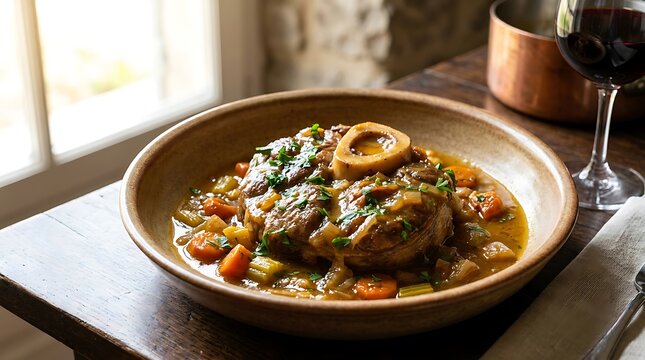 Delicious osso buco dish with braised veal shank and vegetables served on a rustic ceramic plate. veal osso bucco