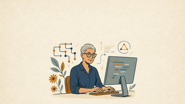 Senior woman coding on computer with algorithm diagrams and floral elements in retro flat line art style