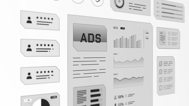 Angled perspective view of clean grayscale digital interface tracking advertising campaign metrics, header ADS, and user ratings.