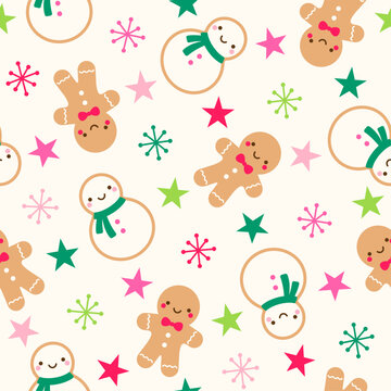 Cute cookies, star and snowflake seamless pattern design for Christmas and new year holidays background.