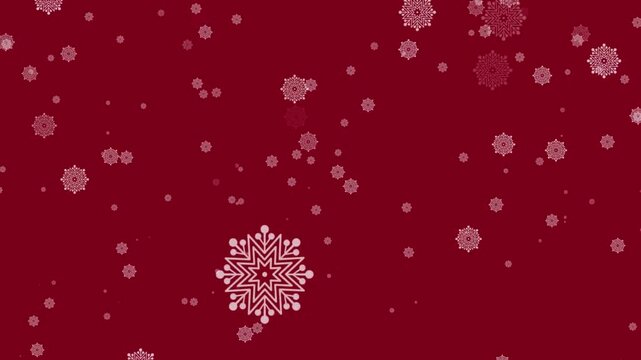 Numerous white snowflake patterns on dark red background for festive winter holiday season designs. Suitable for christmas greeting cards.