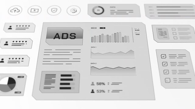 Close up angled view of high tech grayscale dashboard featuring central ADS header, traffic wave graphs, and percentage metrics.