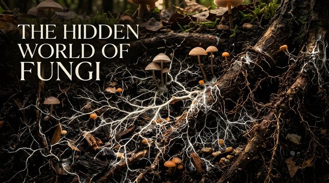 Intricate mycelium network and mushrooms growing on decaying tree root