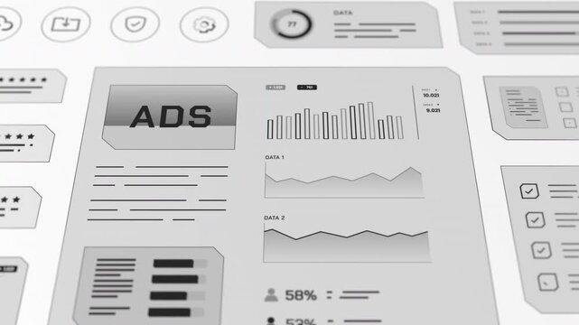 Low angle perspective shot of grayscale corporate dashboard displaying central ADS header, wave charts, and percentage stats.