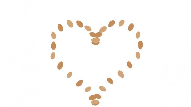 Heart shape formed by scattered sesame seeds on a white background slow animated reveal