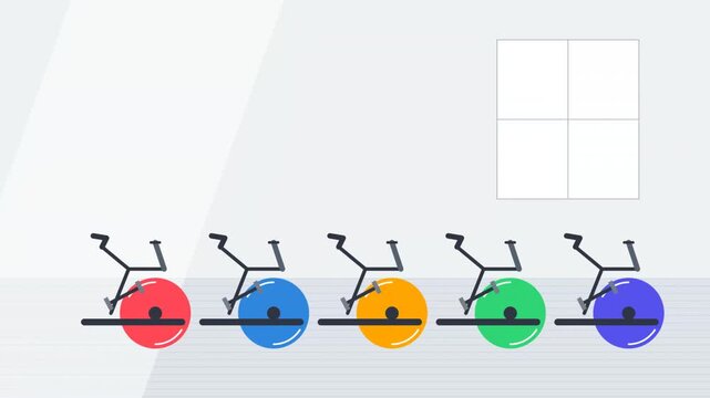 Row of colorful stationary bikes in a gym animation loop