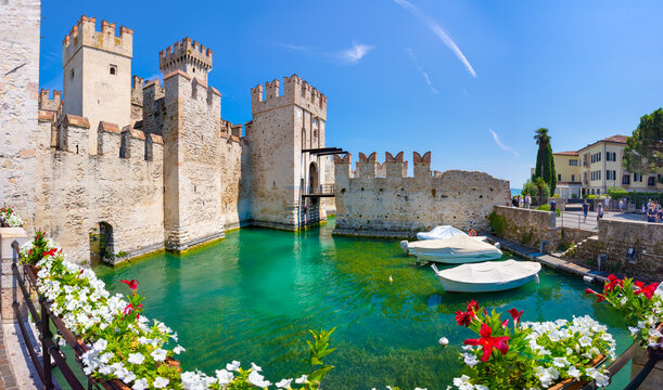 Sirmione Castle on Lake Garda, Italy, historic medieval fortress and picturesque waterfront