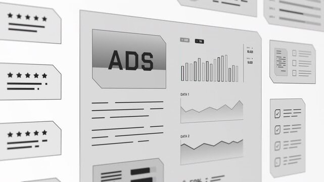 Medium angled perspective view of high tech grayscale dashboard monitoring online ad performance, rating scores, and data trends.