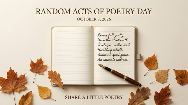 Open notebook with handwritten poetry and scattered autumn leaves