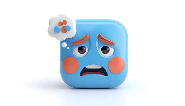 Polished 3D light blue square face icon representing worry and anxiety with cloud symbol.