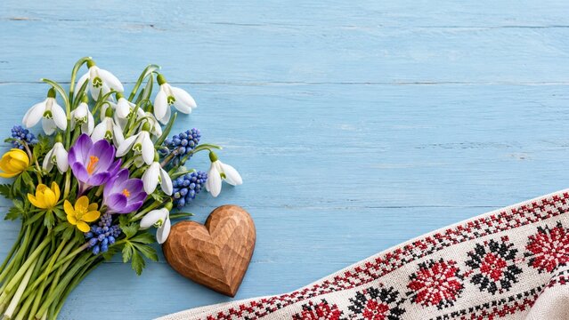 Dragobete background with fresh snowdrop and crocus bouquet wooden heart and romanian embroidered towel on blue wood