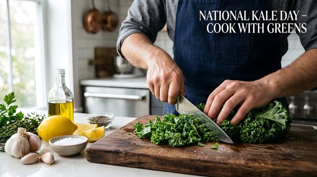 Person chopping fresh kale on a wooden cutting board in a kitchen with meal prep