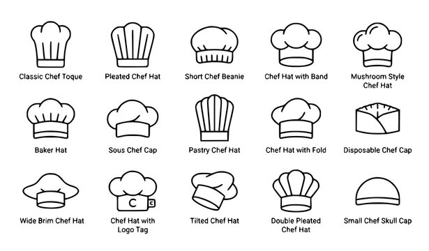 Chef hat outline icon set with classic toque, pleated hat, beanie, baker hat, sous chef cap, pastry hat, skull cap and disposable cap