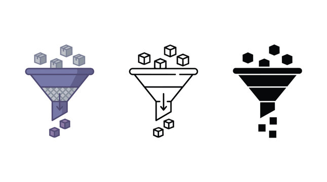 Filter funnel icons with cubes, data filtering product vector set