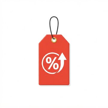 A red tag with a percentage symbol and an upward arrow emphasizes a sale discount. This tag is used for online shopping promotions.