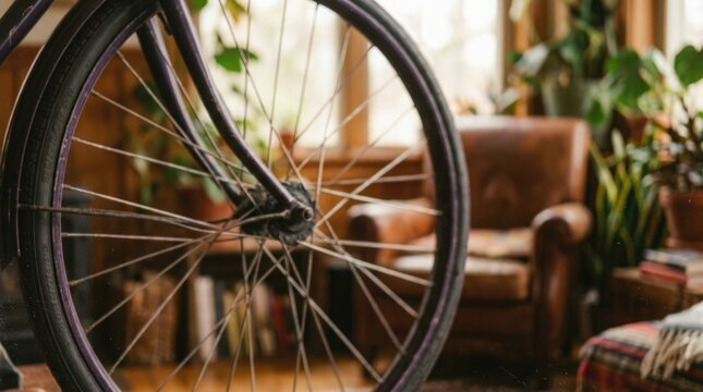 A bicycle is leaning against a wall in a bright indoor room abundant with lush green plants