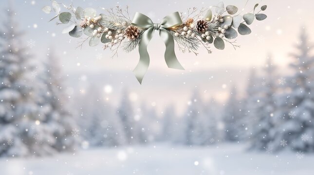 Snowy Winter Forest Landscape Background with Hanging Garland and Silk Bow
