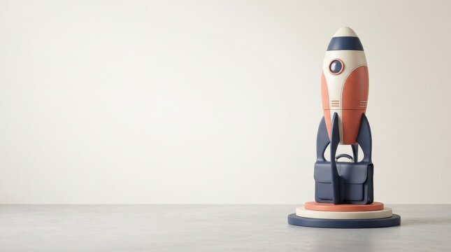 Driving Commerce Growth Through Increasing Revenue, Model rocket standing on a wooden surface against a plain light wall background.