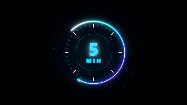 countdown timer minute neon circle display glowing on dark background for futuristic sci-fi digital interface design