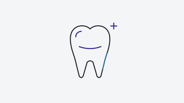 Seamless 4K looping animation of a flat tooth icon in blue and azure, centred on a clean light background with plenty of copy space. Simple two tone vector shapes and smooth motion. Horizontal 16:9 wi