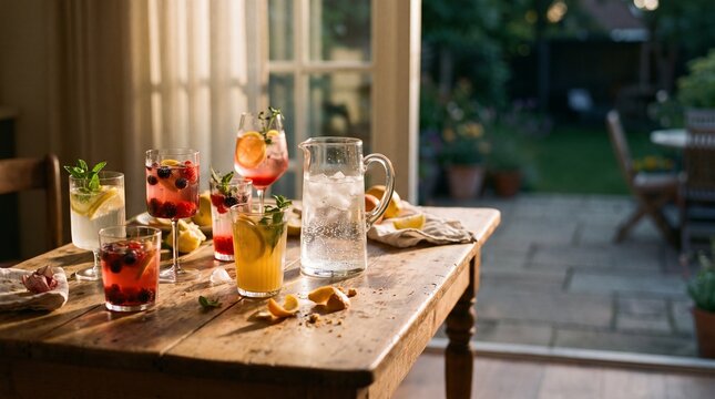 Sparkling fruit mocktails and water pitcher on rustic wooden table by garden door