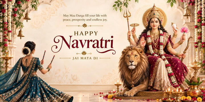Happy navratri festive greeting with goddess durga sitting on lion and woman dancing hindu festival indian culture religious festival traditional dance
