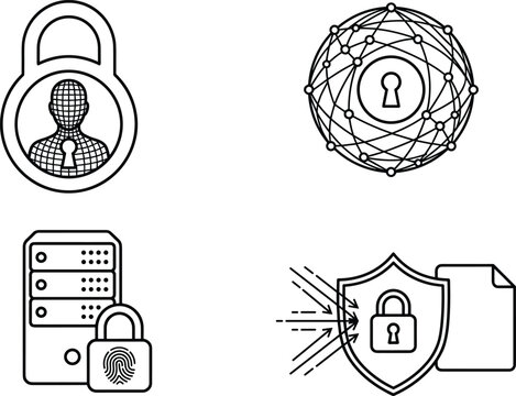 Cybersecurity Line Icon Set with Network Privacy Sphere, Secure Server Database, Biometric Fingerprint Lock, and Data Protection Shield Symbols