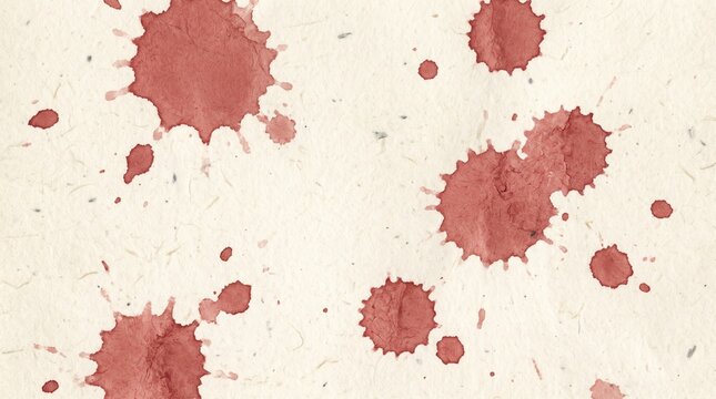 Red paint splatters on light colored paper background with splatters spread