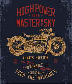 Vintage motorcycle tshirt print design with typography, grunge texture, and retro style elements for apparel graphics