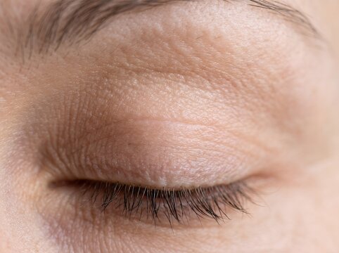 Extreme close up of delicate eyelid skin texture and fine eyelashes focusing on natural pores and subtle facial details high resolution beauty macro photograph