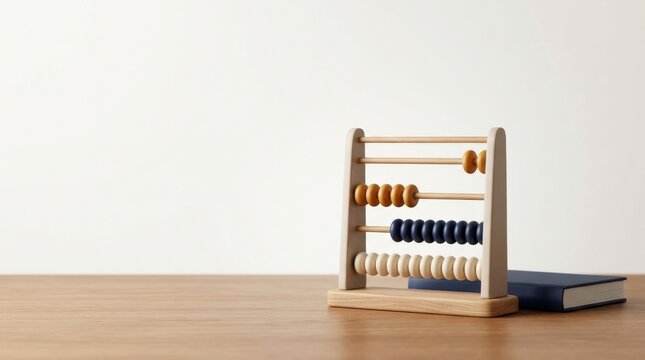 Driving Commerce Growth Through Increasing Revenue, Wooden abacus and closed book on a wooden table against a white wall background.